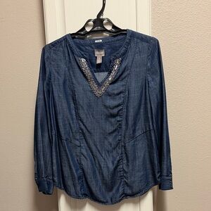 Chico's Blue Denim Tunic with Embellished V-Neck